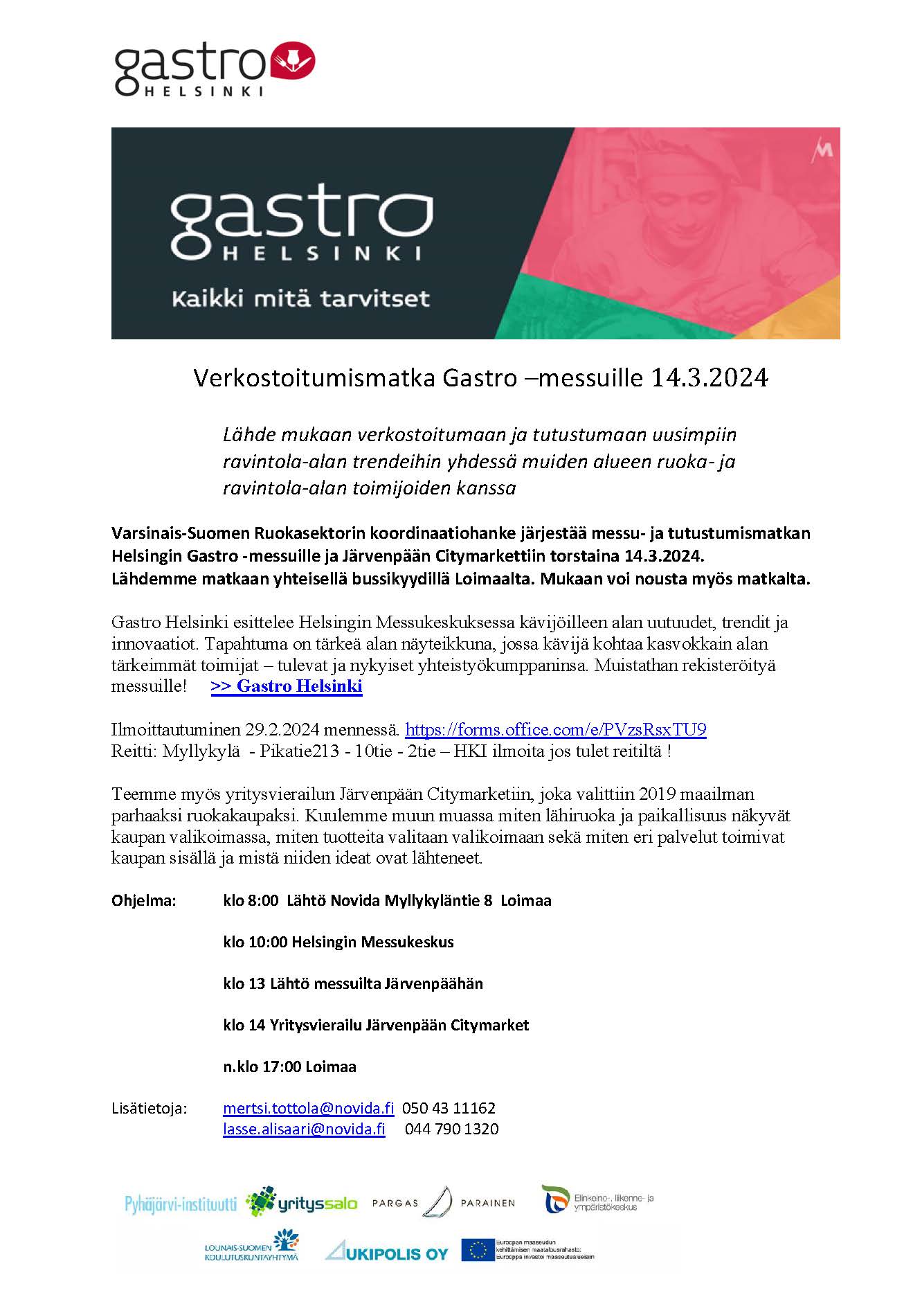 Esite Gastro-messuista 14.3.2024 sekä verkostoitumismatkasta Järvenpään Citymarkettiin
